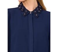 CeCe Women's Floral-Applique Collared Long-Sleeve Blouse