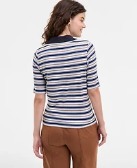 Liverpool Los Angeles Women's Striped Ribbed-Knit Collared Henley Top