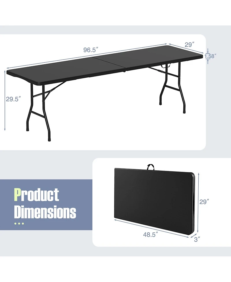 8 ft Portable Folding Table 350 Lbs Fold-in-Half Table with Hdpe Tabletop