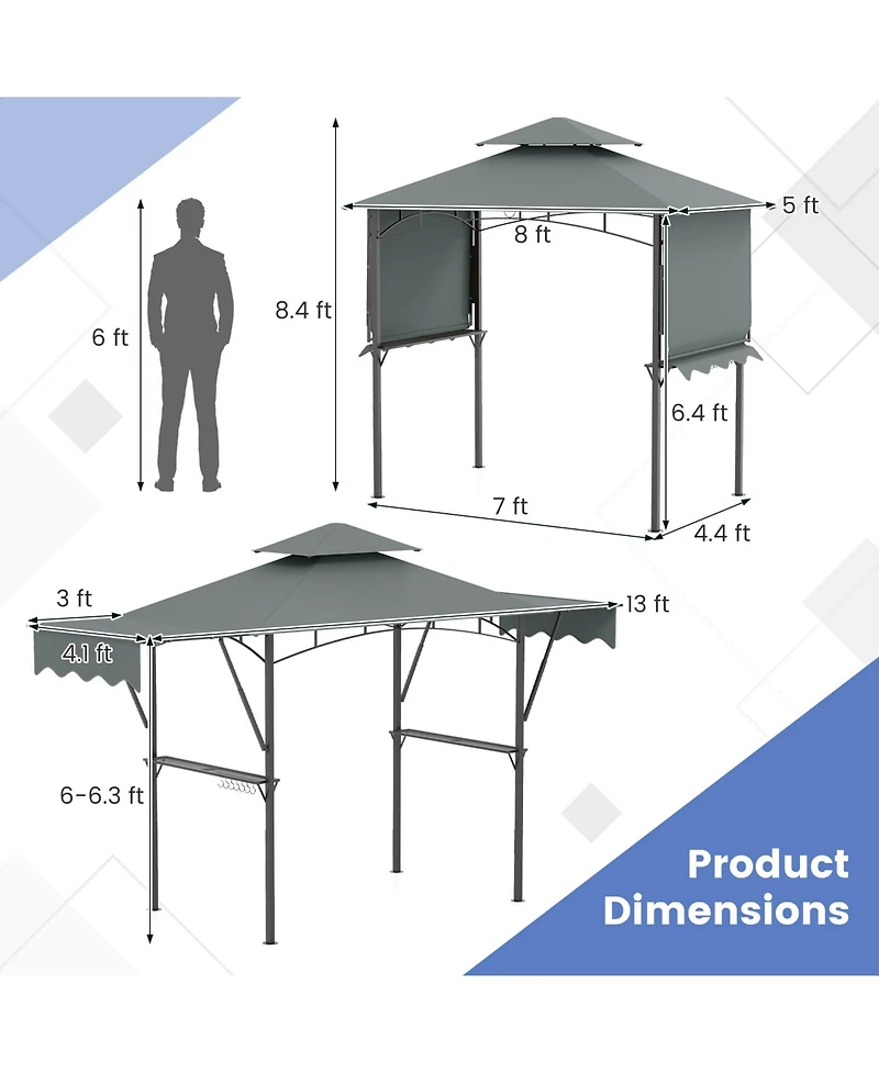 13 x 5 Feet Grill Gazebo with Dual Side Awnings and 2 Shelves Adjustable Shadow