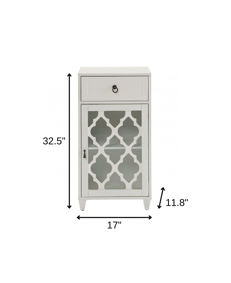 Fret Work Glass Door Cabinet with Decorative Accents and Storage