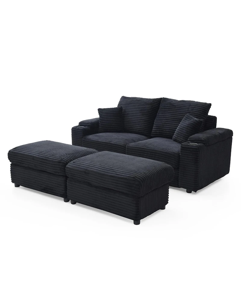Streamdale Corduroy Loveseat with Ottomans & Pillows