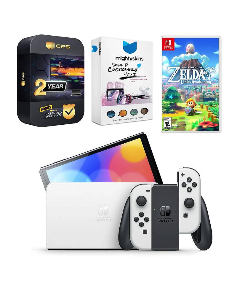 Nintendo Switch White Oled Console with The Legend of Zelda: Link's Awakening, MightySkins Console and Controller Skin Voucher, and 2 Year Cps Extende