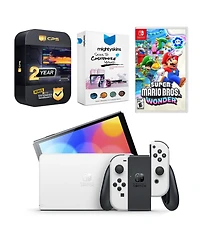 Nintendo Switch White Oled Console with Super Mario Bros. Wonder, MightySkins Console and Controller Skin Voucher, and 2 Year Cps Extended Warranty
