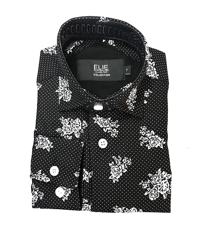 Elie Balleh Big Boys Black Floral Print Slim Fit Shirt