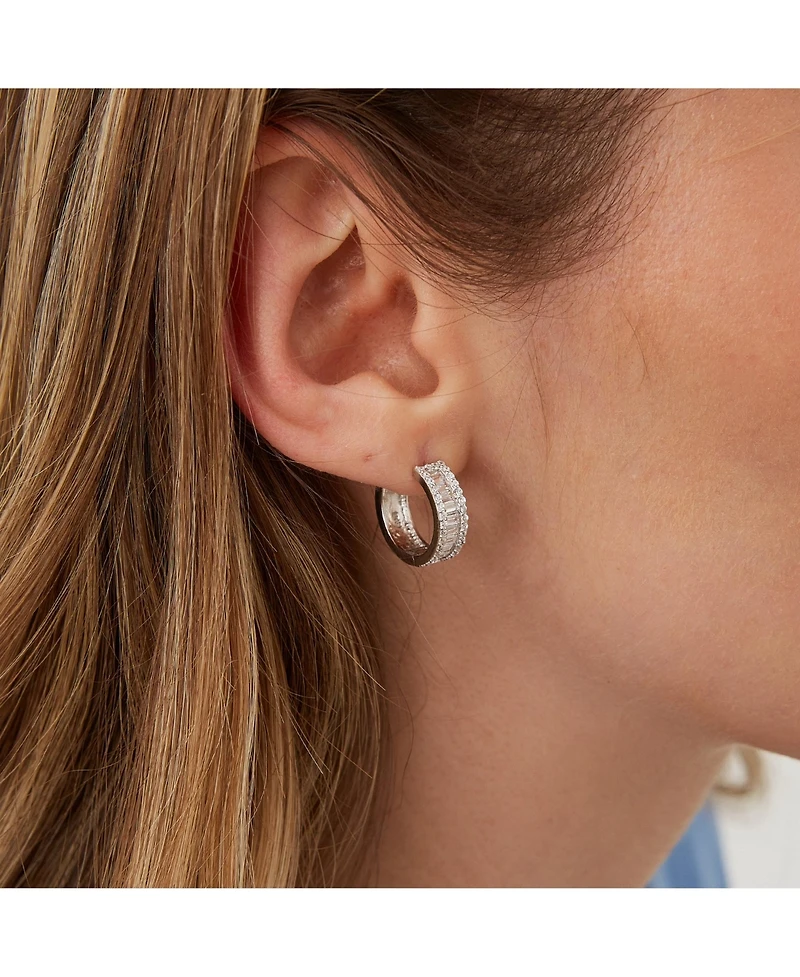 Spero London Baguette Cubic Zirconia Sterling Silver Pave Hoop Earrings