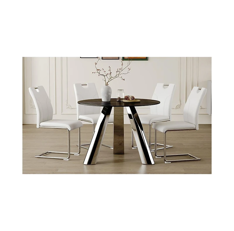 Streamdale Round Stainless Steel Table and 4 White Dining Chairs with Silver Metal Legs