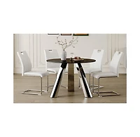 Streamdale Round Stainless Steel Table and 4 White Dining Chairs with Silver Metal Legs