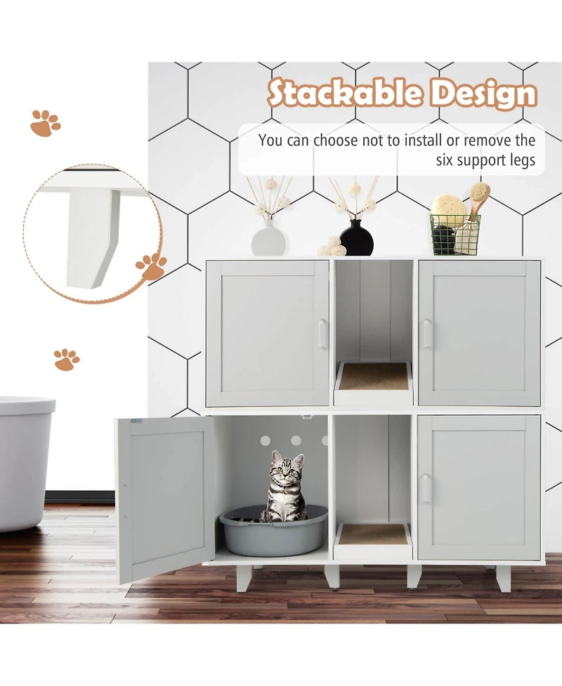2-Door Cat Litter Box Enclosure with Winding Entry and Scratching Board