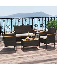 4 Pcs Patio Wicker Sofa Set with Coffee Table Acacia Wood Armrests & Tabletop