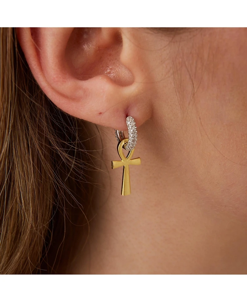Spero London Sterling Silver Egyptian Ankh Zirconia Hoop Earring - Silver