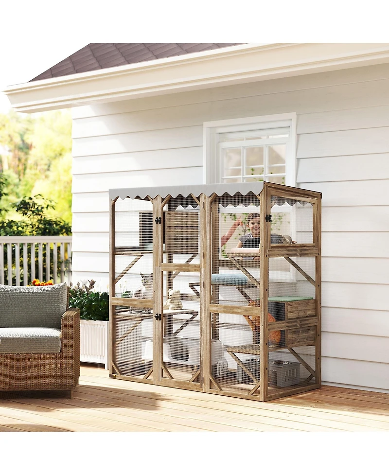 PawHut 59" Catio Outdoor Cat Enclosure, Wooden Window Cat House,