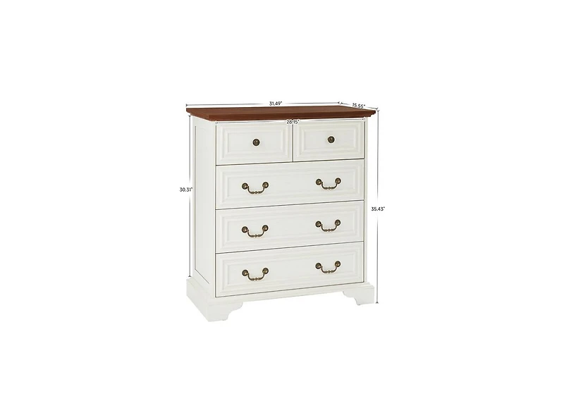Modern White 5 Drawer Dresser Bathrooom Cabinet Ample Storage Wide Chest of Drawers