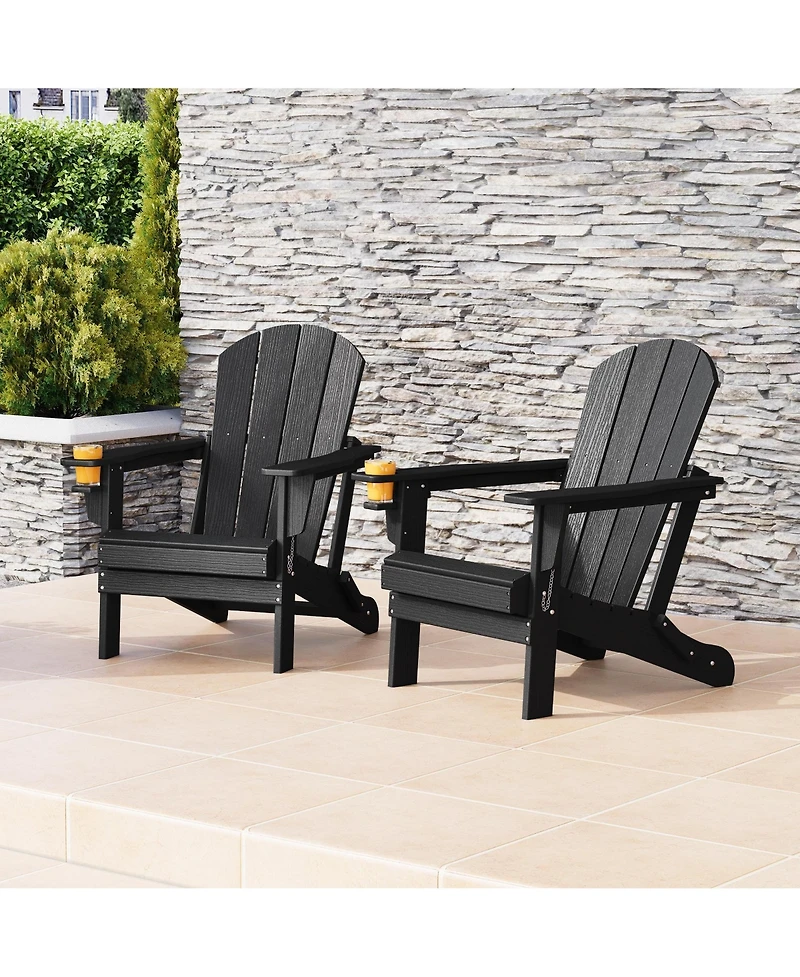 Outdoor Patio Hdpe Resin Folding Adirondack Chairs With Cup Holder and Phone (Set of Two)