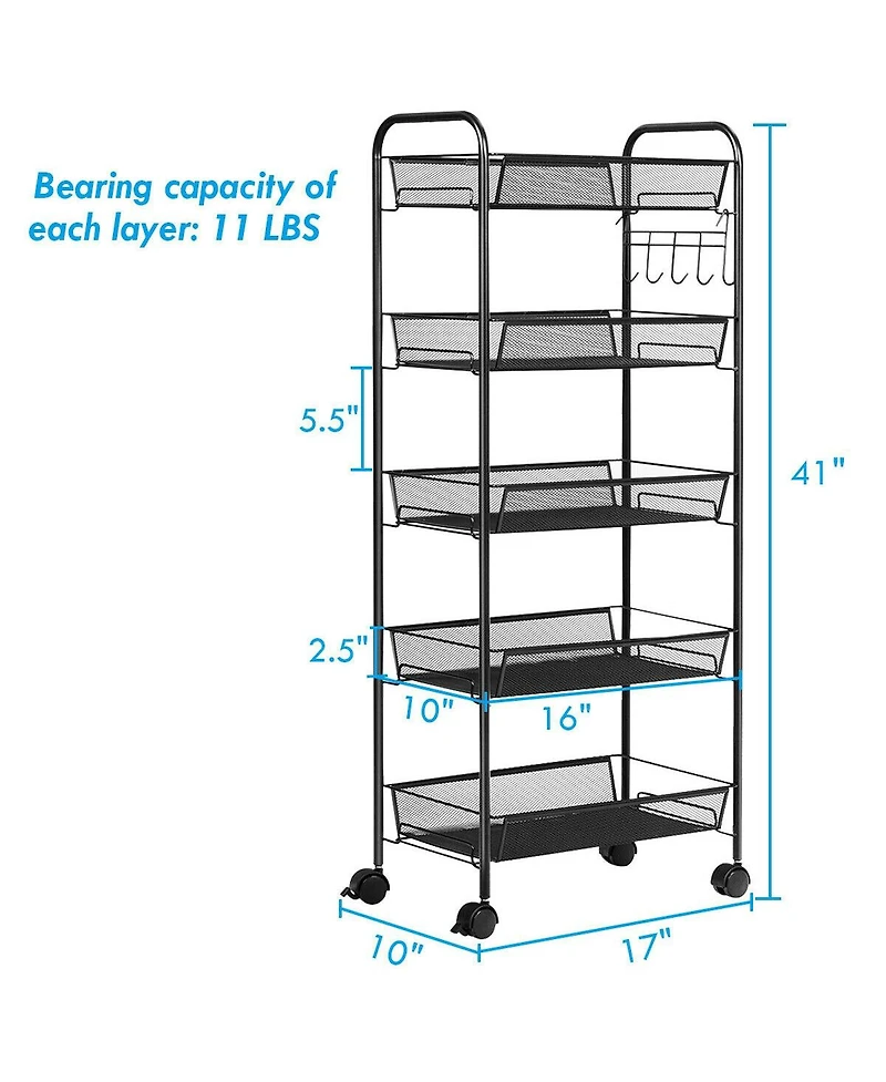 5 Tier Mesh Rolling File Utility Cart Storage Basket-Black