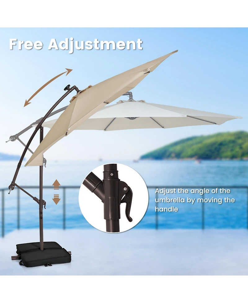 10 Feet Cantilever Umbrella with 32 Led Lights and Solar Panel Batteries