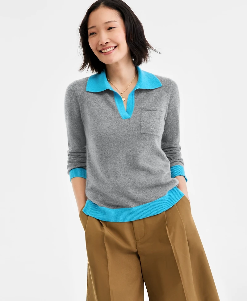 Charter Club Women's 100% Cashmere Colorblocked Collared Sweater, Macy's Exclusive