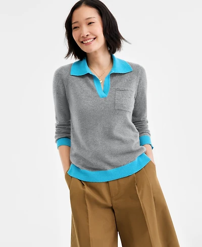 Charter Club Women's 100% Cashmere Colorblocked Collared Sweater, Macy's Exclusive