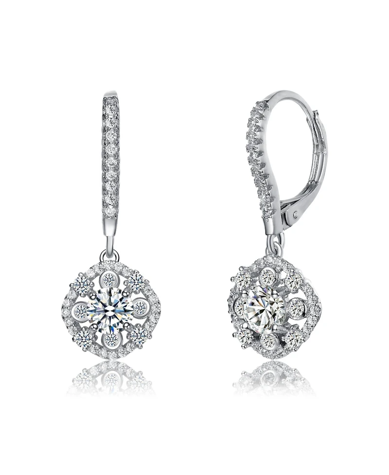 White Gold Plating with Clear Round Cubic Zirconia Leverback Dangle Earrings