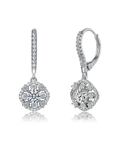 White Gold Plating with Clear Round Cubic Zirconia Leverback Dangle Earrings