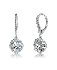 White Gold Plating with Clear Round Cubic Zirconia Leverback Dangle Earrings