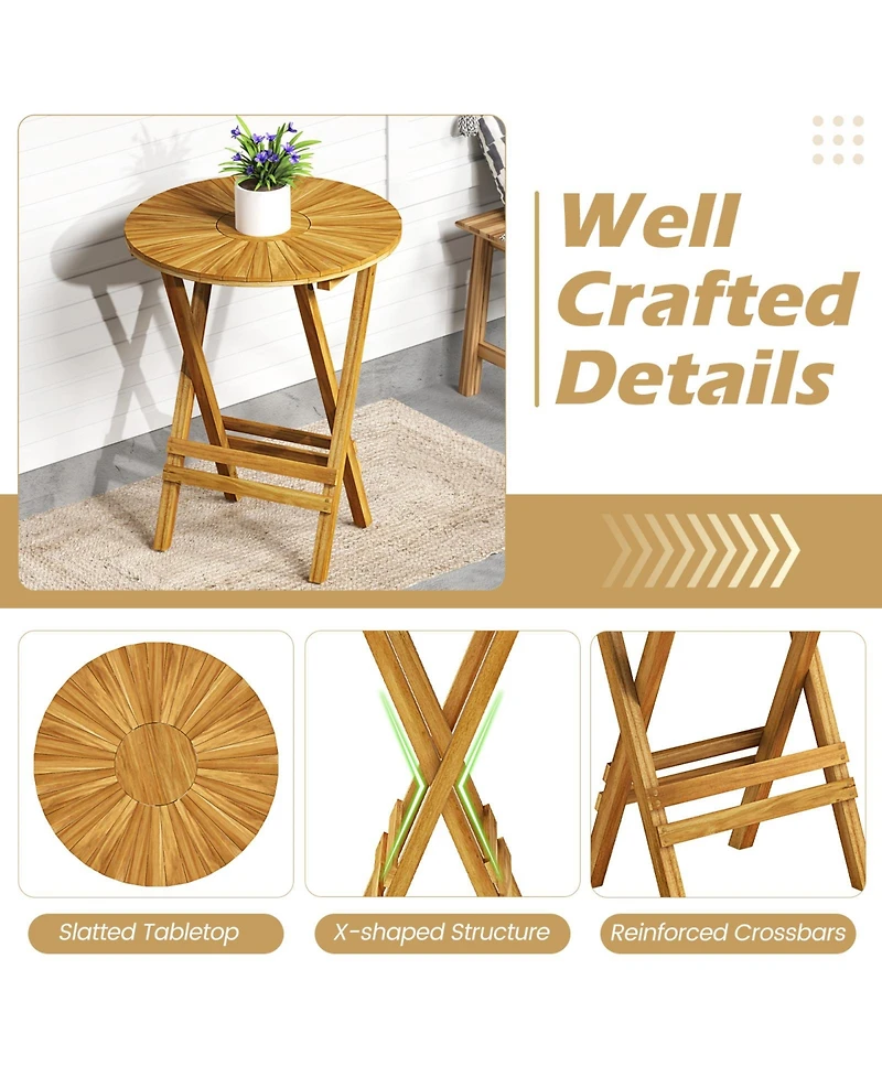 Patio Folding Side Table Teak Wood Round End Table with Slatted Tabletop and X-Shaped Frame