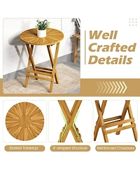 Patio Folding Side Table Teak Wood Round End Table with Slatted Tabletop and X-Shaped Frame
