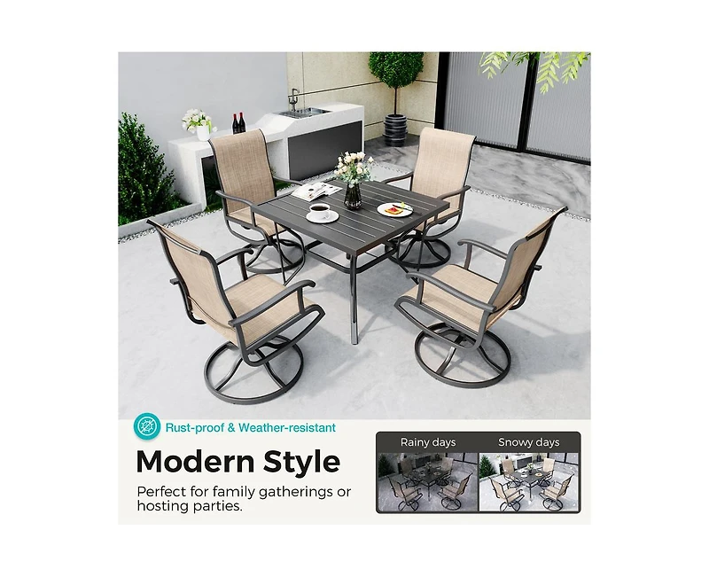 Outdoor 5-Piece Metal Patio Dining Set with and 4 Textilene Swivel Chairs Square Table Beige