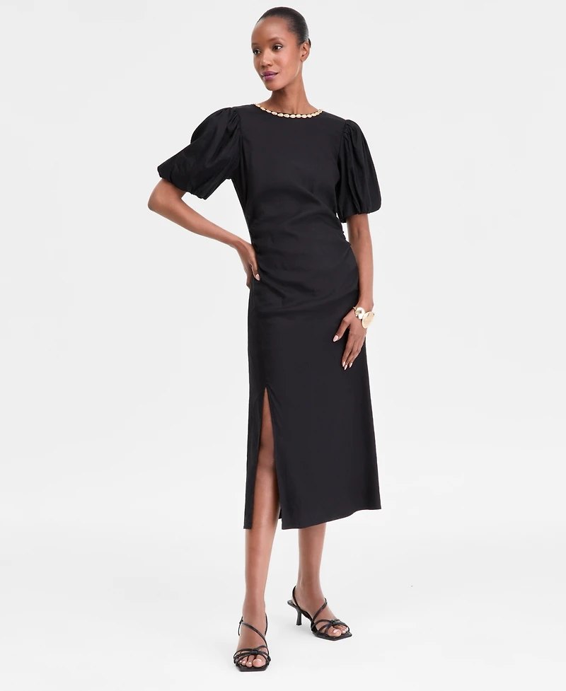 I.n.c. International Concepts Women's Linen-Blend Puff-Sleeve Dress, Exclusively at Macy's
