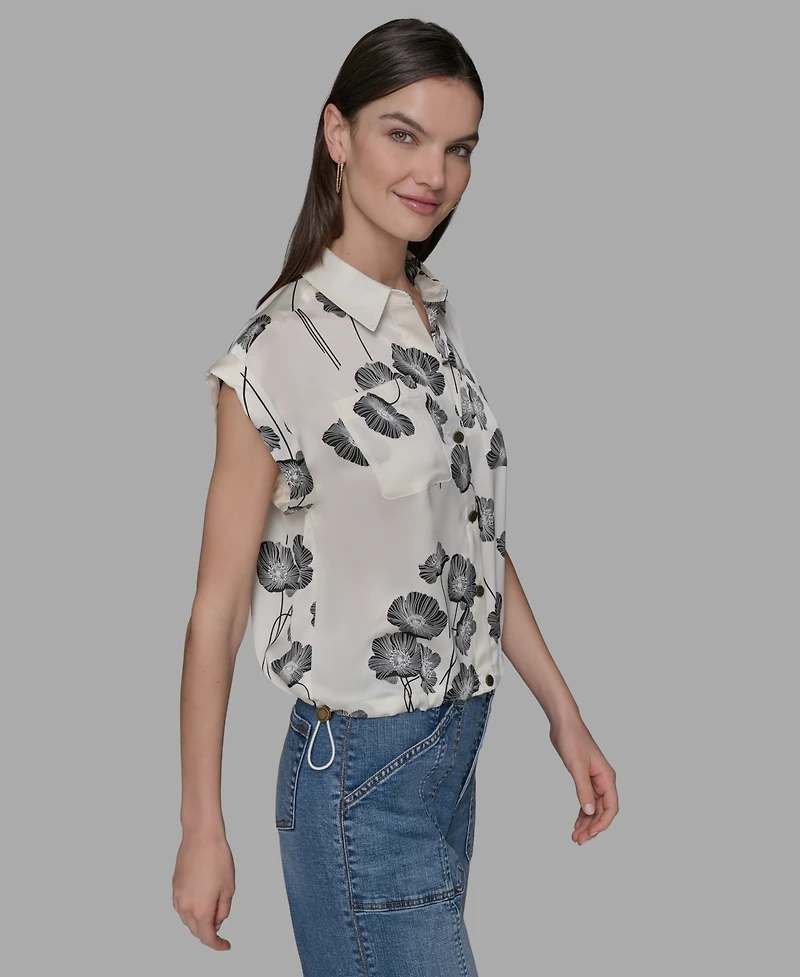 Karl Lagerfeld Paris Petite Floral-Print Drawcord-Hem Blouse