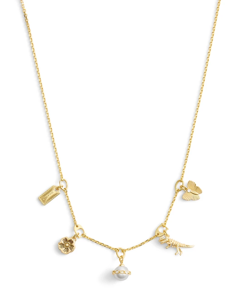 Coach Faux Stone Signature Heritage Cultivated Pearl Mixed Charm Bib Necklace