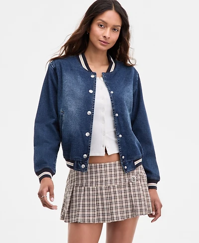 Madden Girl Juniors' Denim Varsity Bomber Jacket