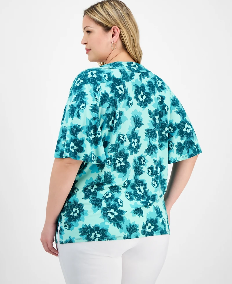 Jm Collection Plus Printed Flared-Sleeve V-Neck Top, Exclusively at Macy's