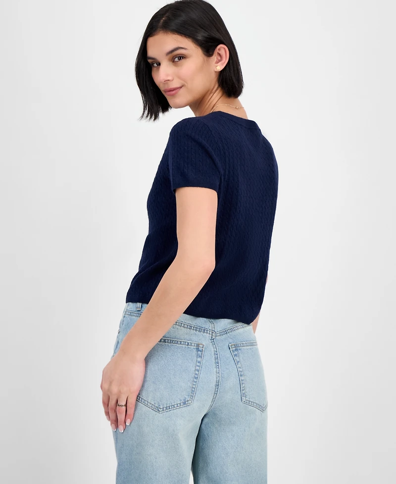 Freshman Juniors' Short-Sleeve Crewneck Cable-Knit Sweater