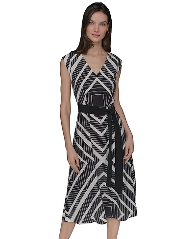 Karl Lagerfeld Paris Women's Geo-Print Belted V-Neck Midi Dress