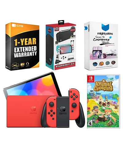 Nintendo Switch Oled Mario Red Edition with Animal Crossing: New Horizons, Surge 12-in-1 Accessory Starter Kit 2.0, MightySkins Console and Controller
