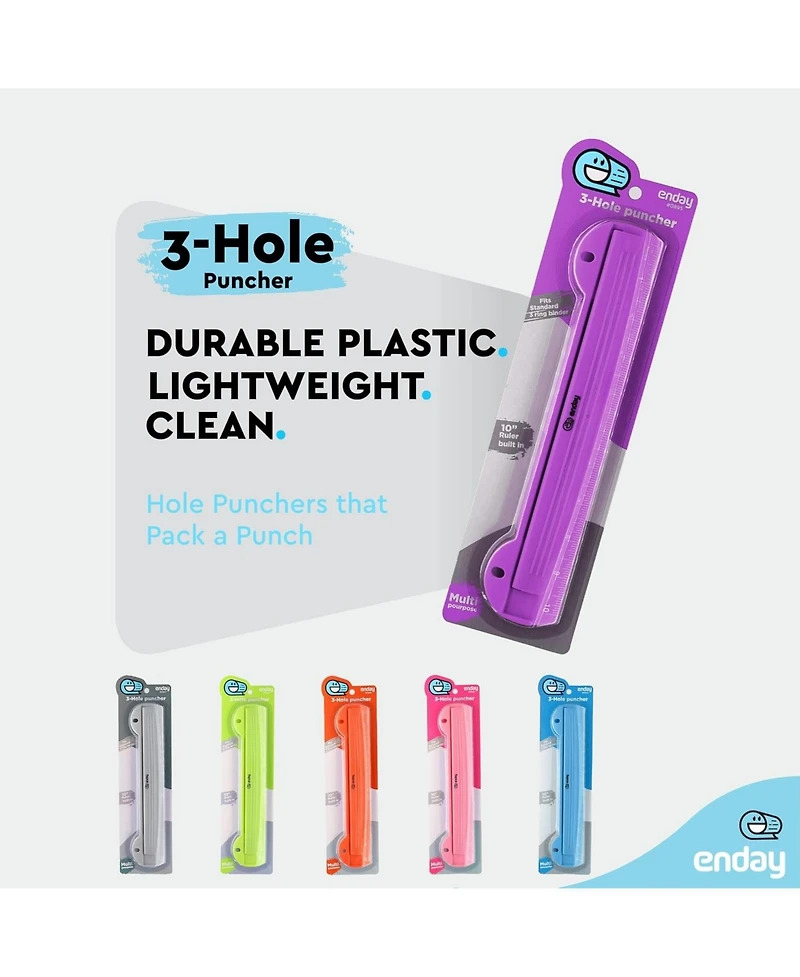 3 Hole Punch Pink, Portable Puncher for Ring Binder, Sheets Capacity, Removable Chip Tray, 10” Ruler School, Office, 1 Pc-by Enday
