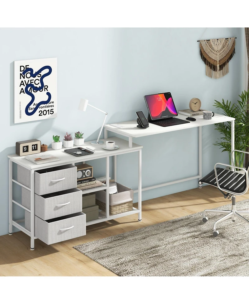 L-shaped Computer Desk with Power Outlet for Working Studying Gaming