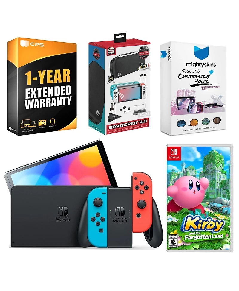Nintendo Switch Neon Red & Blue Oled Console with Kirby and the Forgotten Land, Surge Accessory Gaming Kit