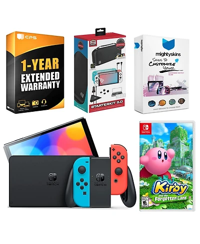 Nintendo Switch Neon Red & Blue Oled Console with Kirby and the Forgotten Land, Surge Accessory Gaming Kit
