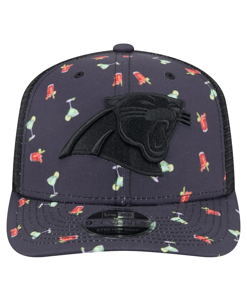 New Era Men's Navy/Black Carolina Panthers Adventure Drinks Pattern 9SEVENTY Stretch Snap Hat