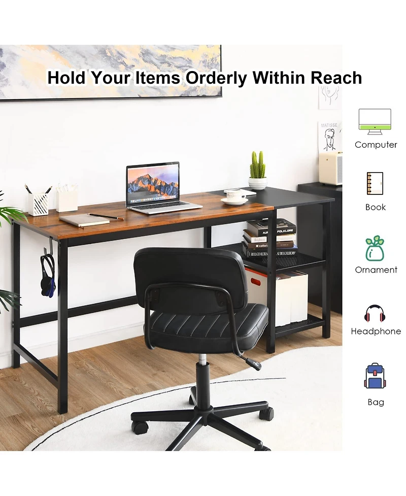 59 Inch Industrial Computer Desk with 2 Tier Storage Shelves for Home Office