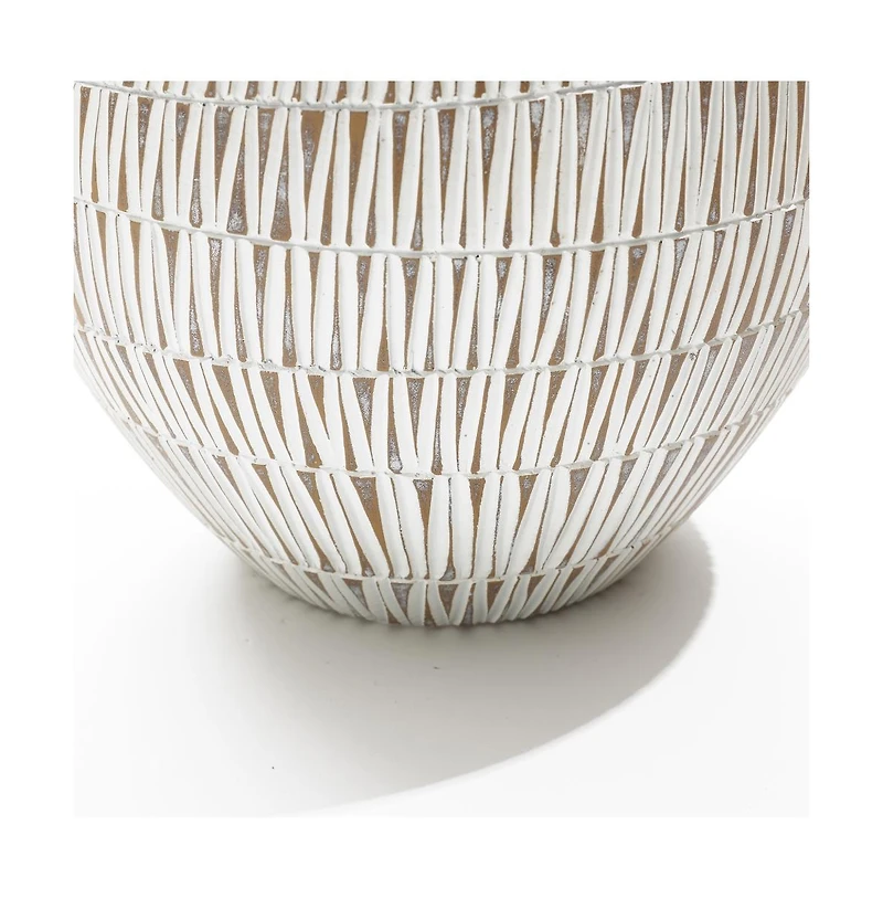 LuxenHome White with Gold V-Pattern Polyresin 12-Inch Round Planter