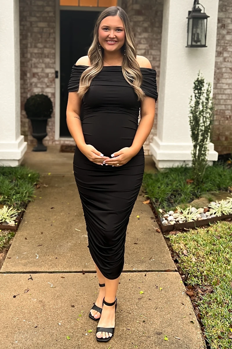 Pinkblush Maternity Black Off Shoulder Ruched Midi Dress