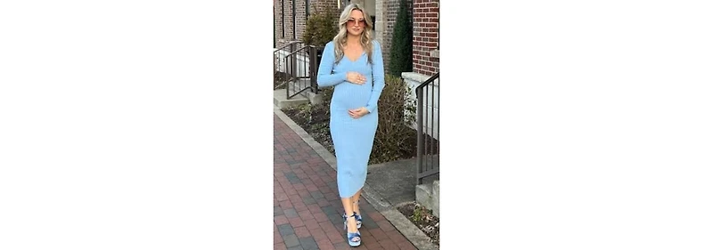 Pinkblush Maternity Light Blue V-Neck Long Sleeve Fitted Maxi Dress