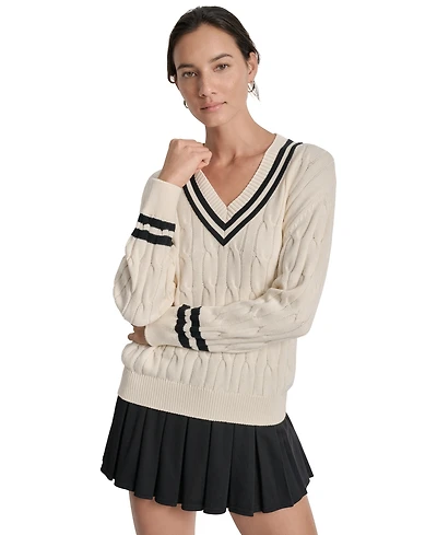 Dkny Sport Women's Cotton Cable Knit V-Neck Sweater