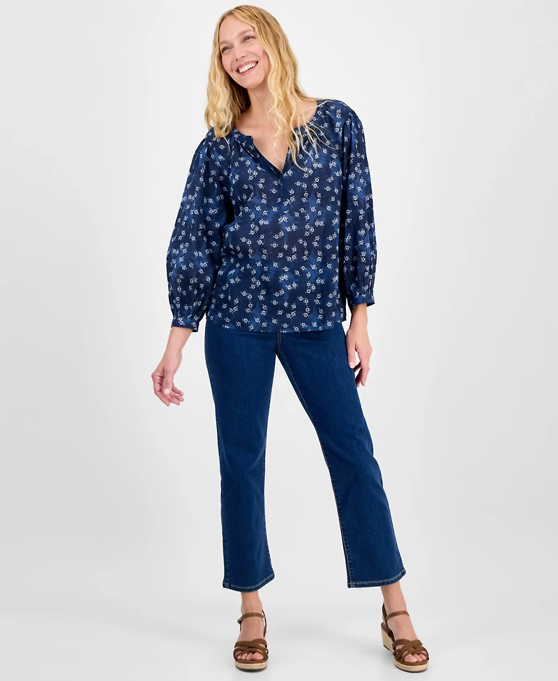 Style & Co Petite Printed V-Neck Raglan-Sleeve Blouse, Exclusively at Macy's