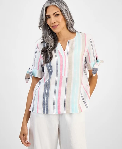 Charter Club Women's Striped 100% Linen Tied-Sleeve Top, Exclusively at Macy's