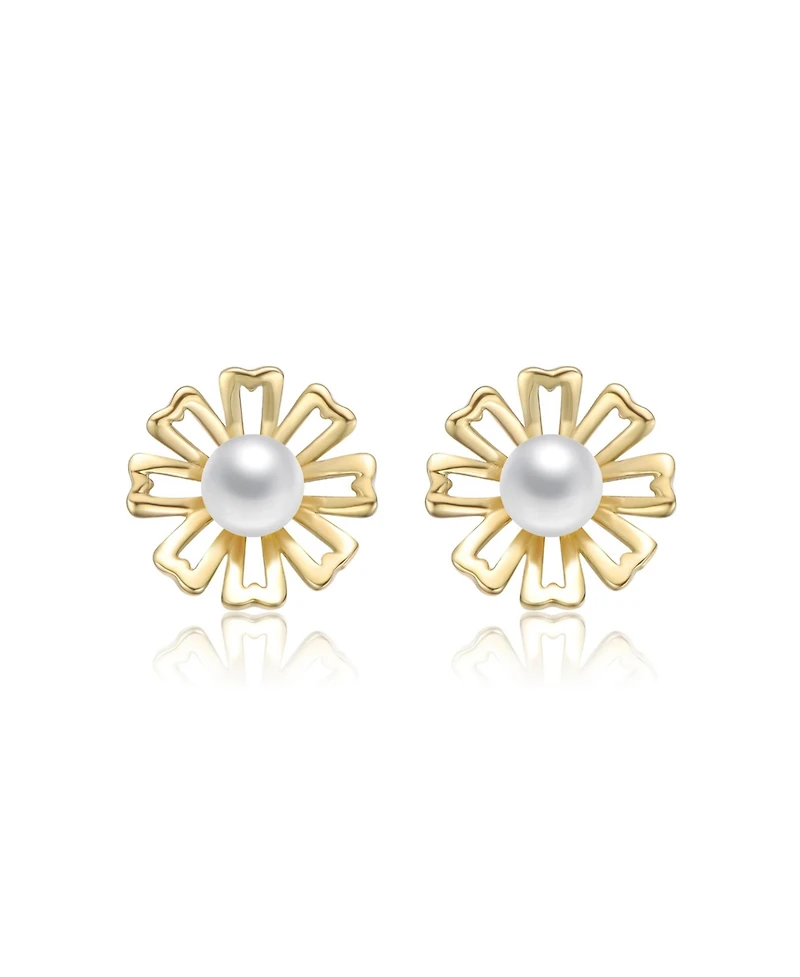 14K Gold Plated with White Pearl Flower Pearl Stud Earrings