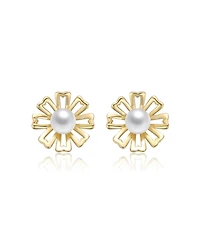 14K Gold Plated with White Pearl Flower Pearl Stud Earrings